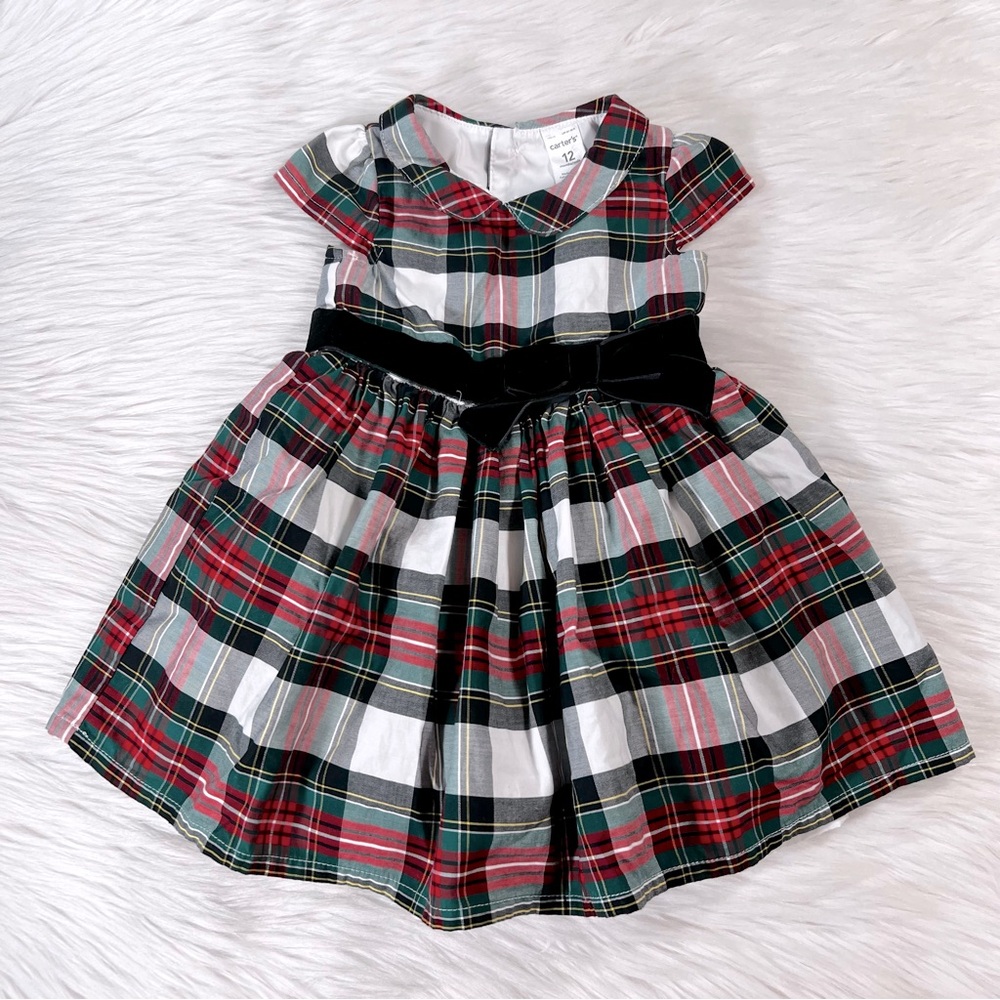 plaid Christmas dress with velvet bow, size 12 months